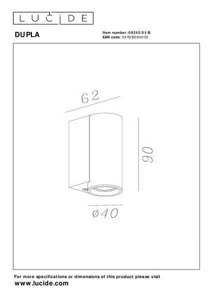 Lucide DUPLA - Wall spotlight / Wall light - 1xGU10 (MR11) - Grey iron - technical